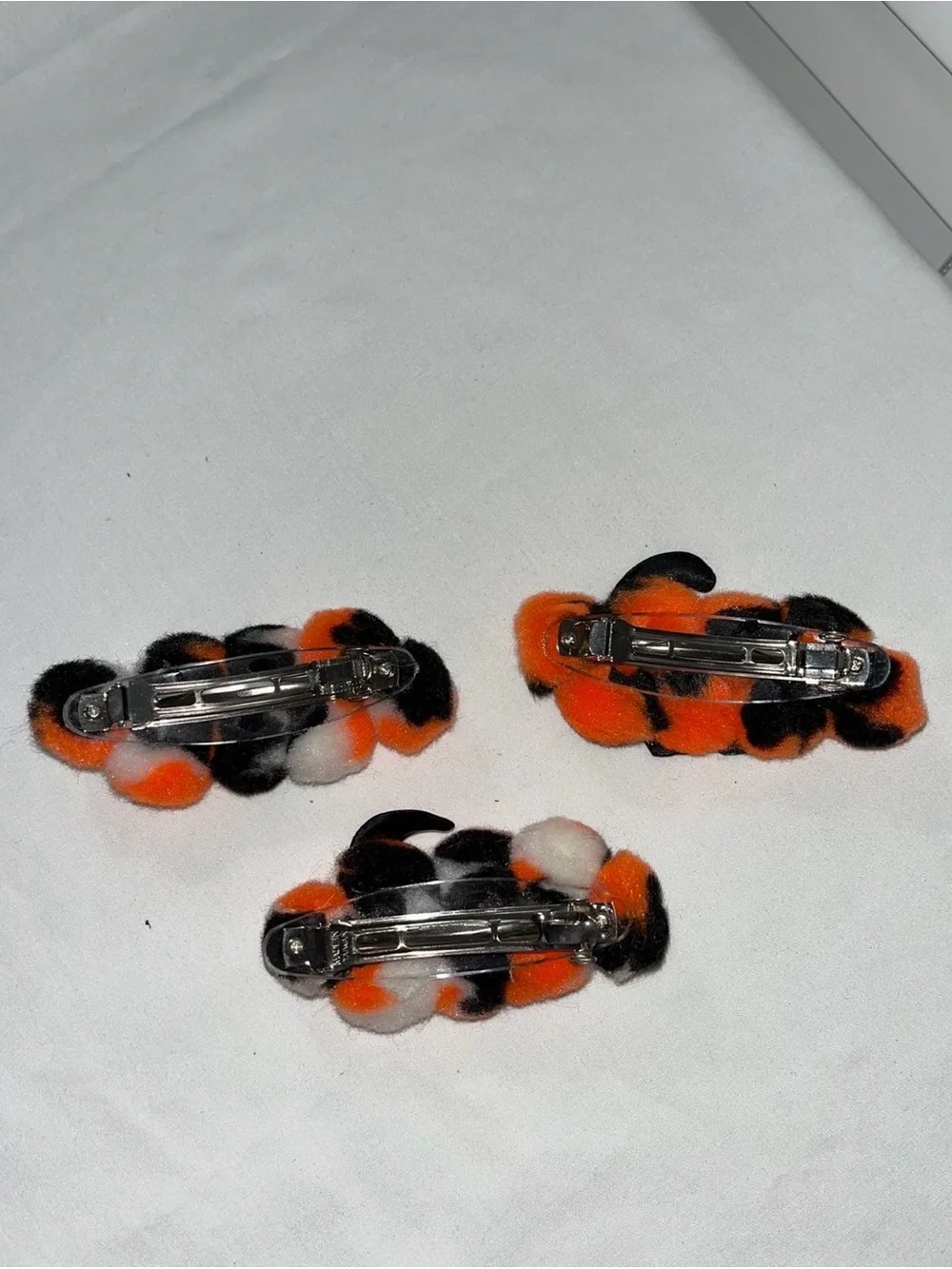 Halloween Black Cat Pom Pom Barrettes Trio - Orange & White